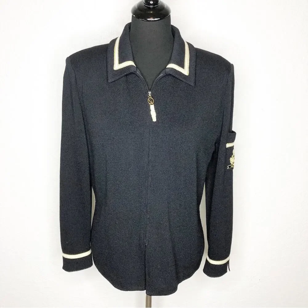 St John Collection black with white gold trim santana knit zip front jacket 10
